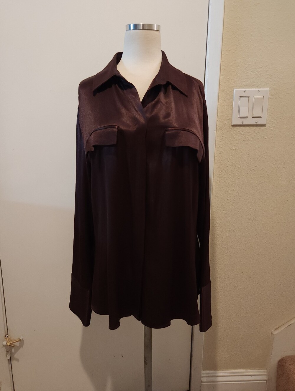 Satin-Look Long Sleeve Button Front Blouse in Deep Plum